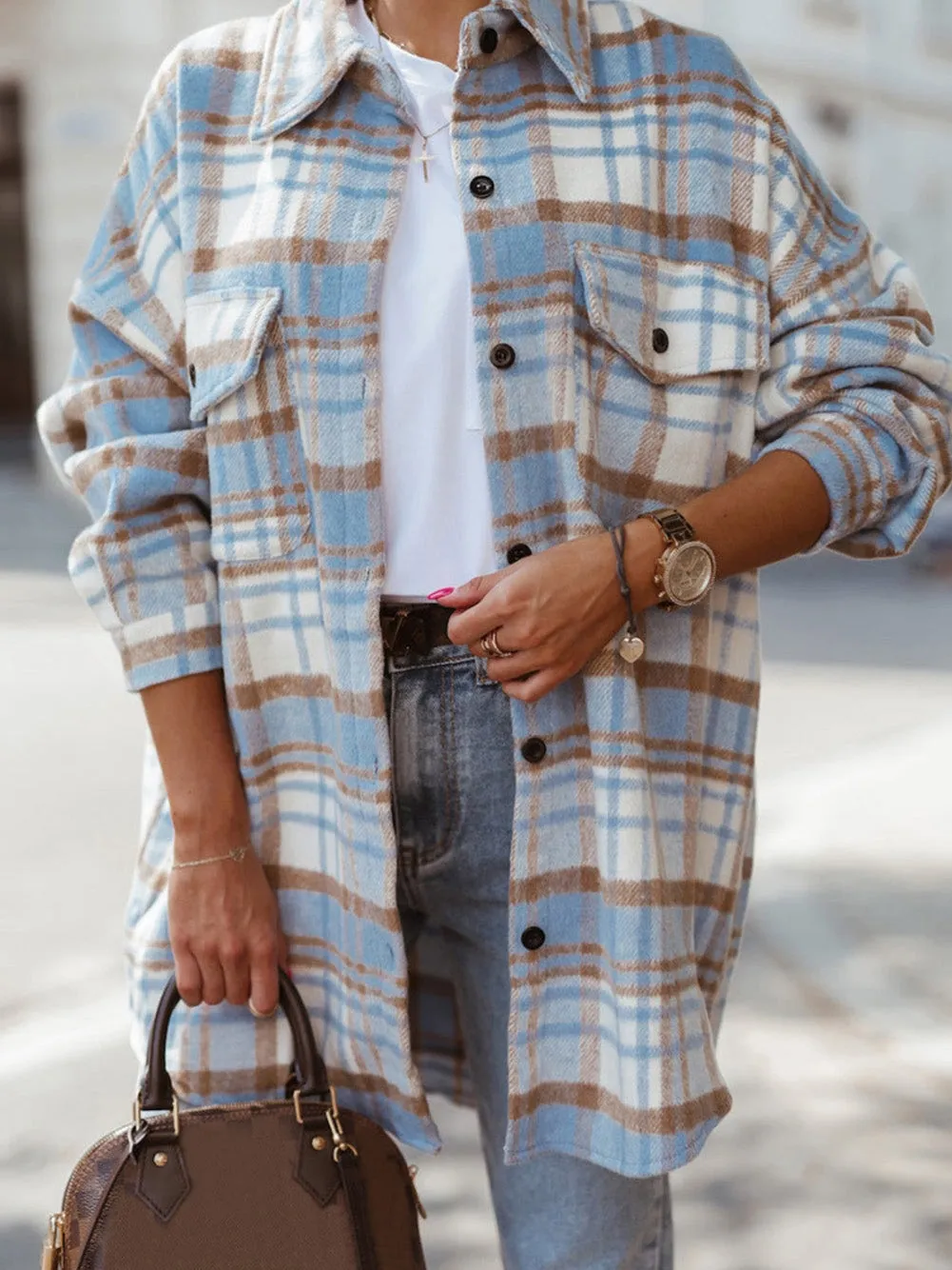 Blue Plaid Button-Up Long Sleeve Shacket with Flap Pockets