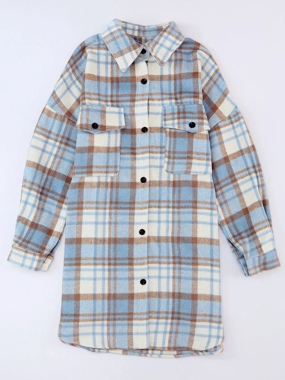 Blue Plaid Button-Up Long Sleeve Shacket with Flap Pockets