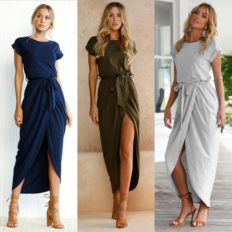 Bohemian Asymmetrical Solid Ankle-Length O-Neck Dress