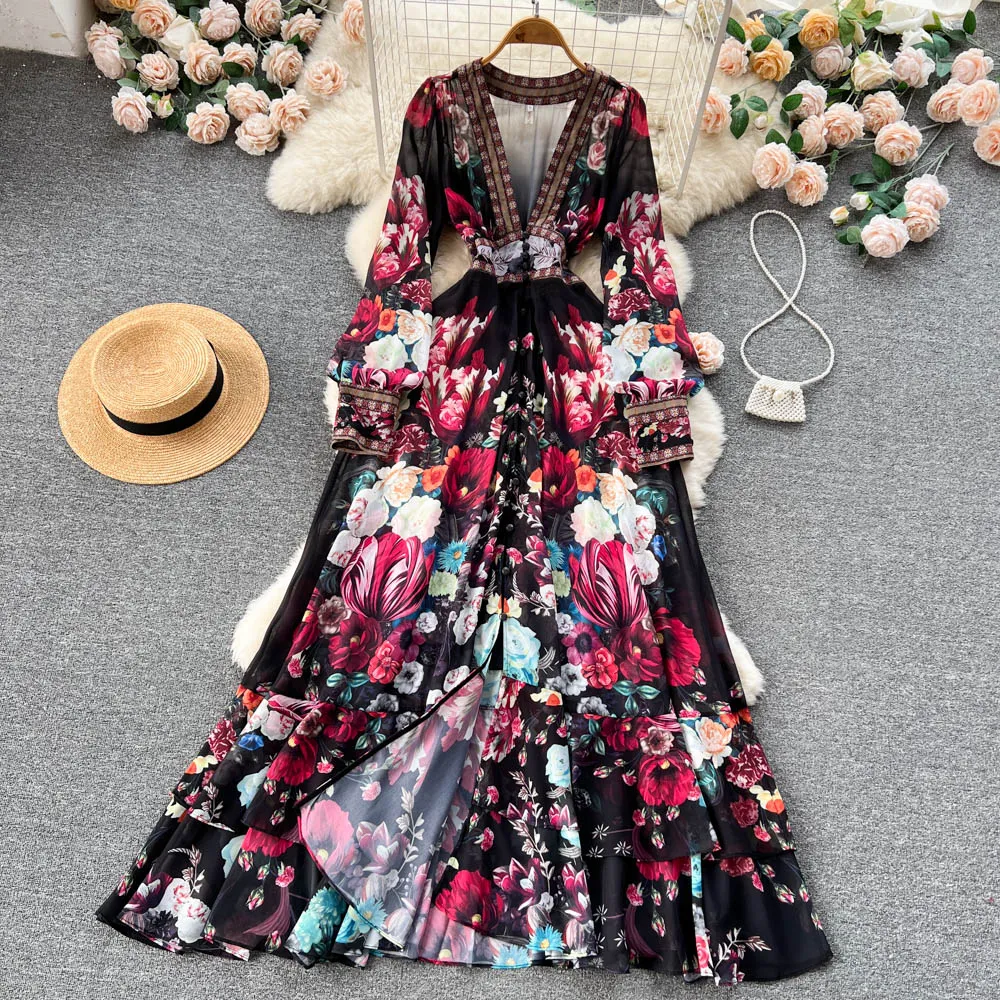 Bohemian Dress, Flower Chiffon Ruffles Dress, Deep V Neck Long Sleeve Floral Print Boho Dress