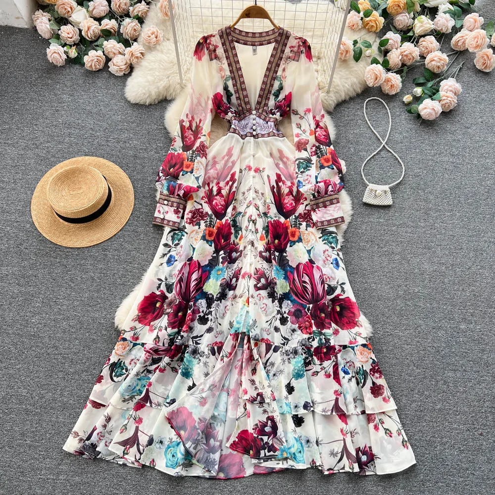 Bohemian Dress, Flower Chiffon Ruffles Dress, Deep V Neck Long Sleeve Floral Print Boho Dress