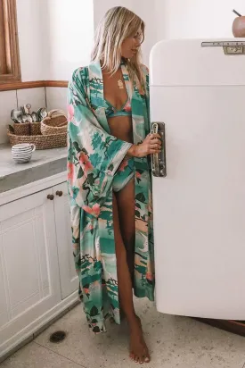 Bohemian Handmade Kimono, Vintage Green Crane Floral Print Sashes  Women Bohemian V Neck Batwing Sleeves, Robe Kimono Cover-up