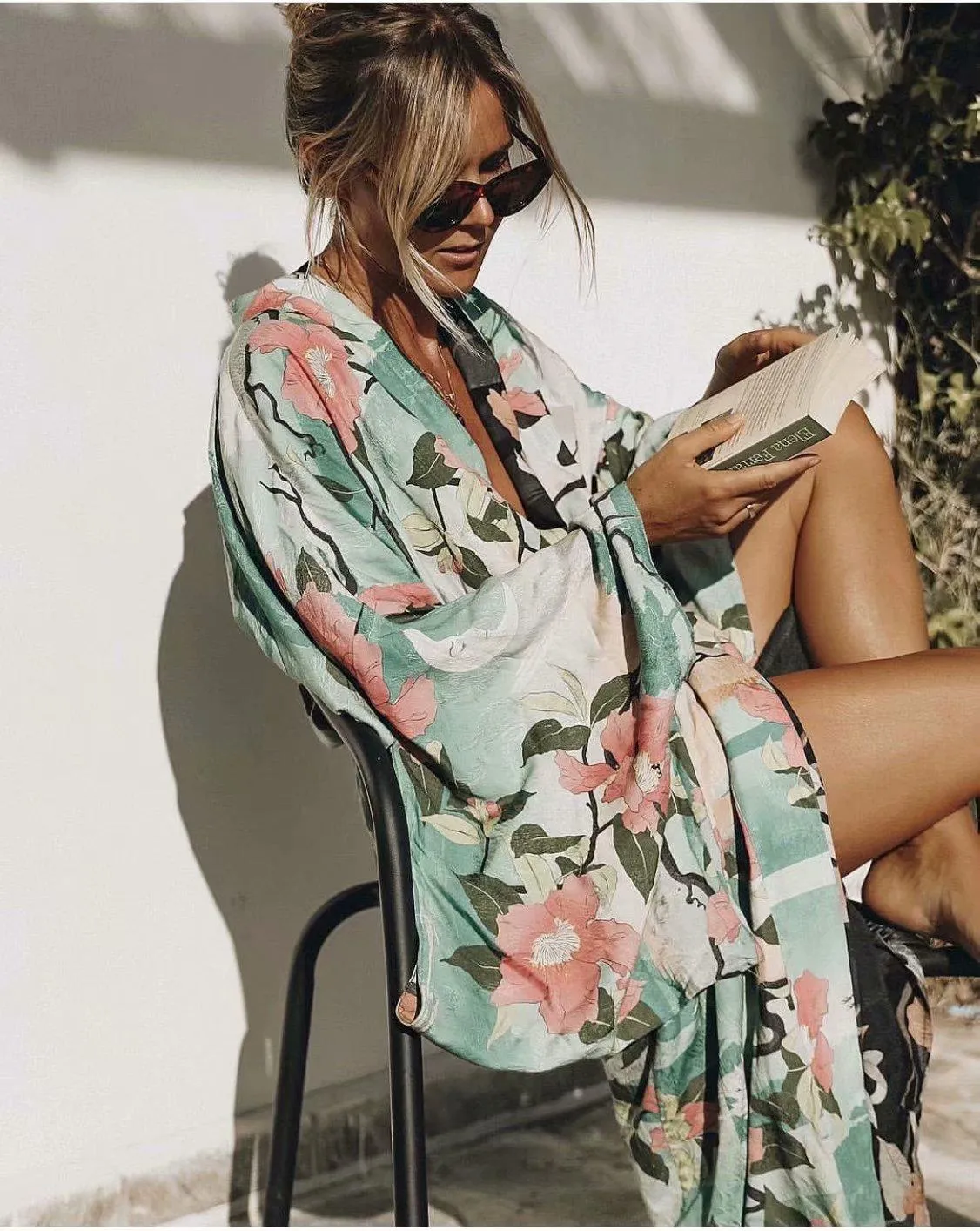 Bohemian Handmade Kimono, Vintage Green Crane Floral Print Sashes  Women Bohemian V Neck Batwing Sleeves, Robe Kimono Cover-up