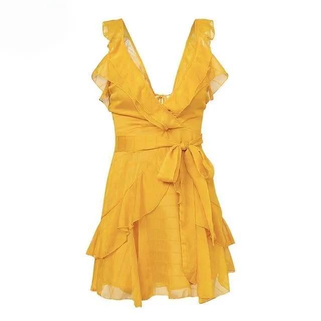 Bohemian Style Casual Women's Ruffled Shape Open Back Dresses With Bow Belt