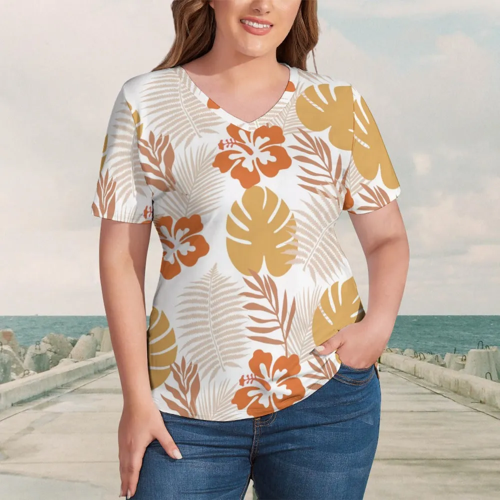 Boho Tropical Print Plus Size Ladies V-Neck Short Sleeve T-Shirt