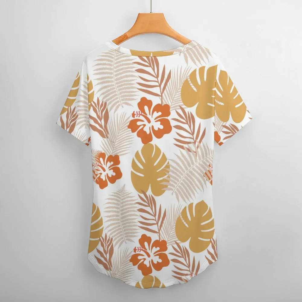 Boho Tropical Print Plus Size Ladies V-Neck Short Sleeve T-Shirt