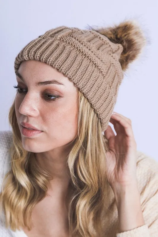 BRAIDED KNITTED FUR POM POM BEANIE