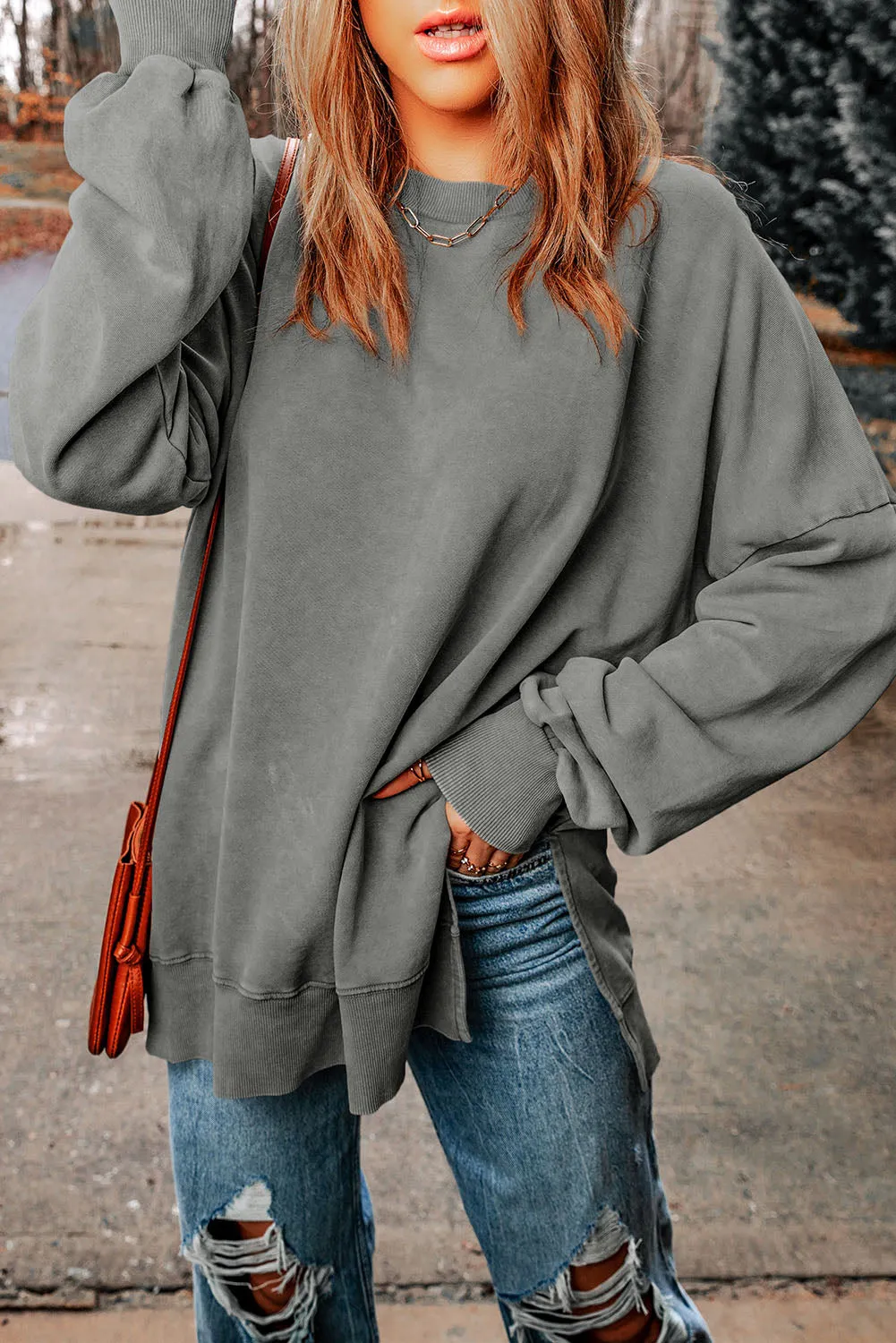 Cali Chic Women Grey Drop Shoulder Ribbed Trim Oversized Sweatshirt