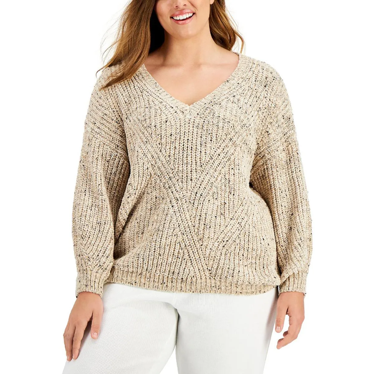 Calvin Klein Womens Plus Chenille Pullover V-Neck Sweater