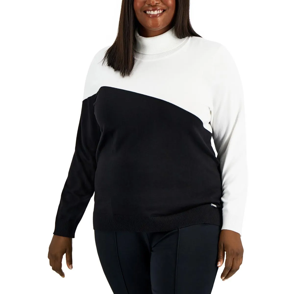 Calvin Klein Womens Plus Colorblock Office Turtleneck Sweater