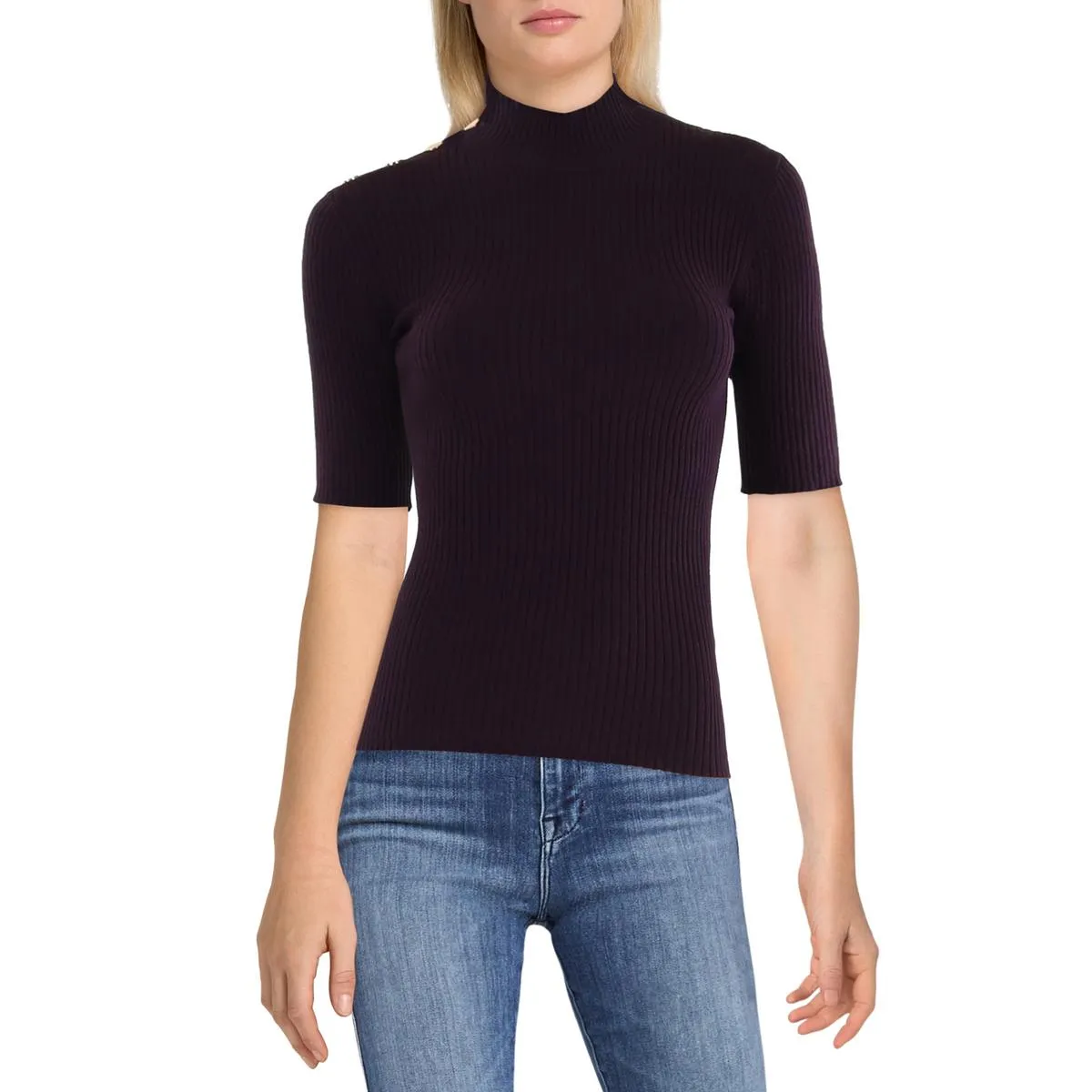 Calvin Klein Womens Ribbed Knit Short Sleeve Funnel-Neck Sweater