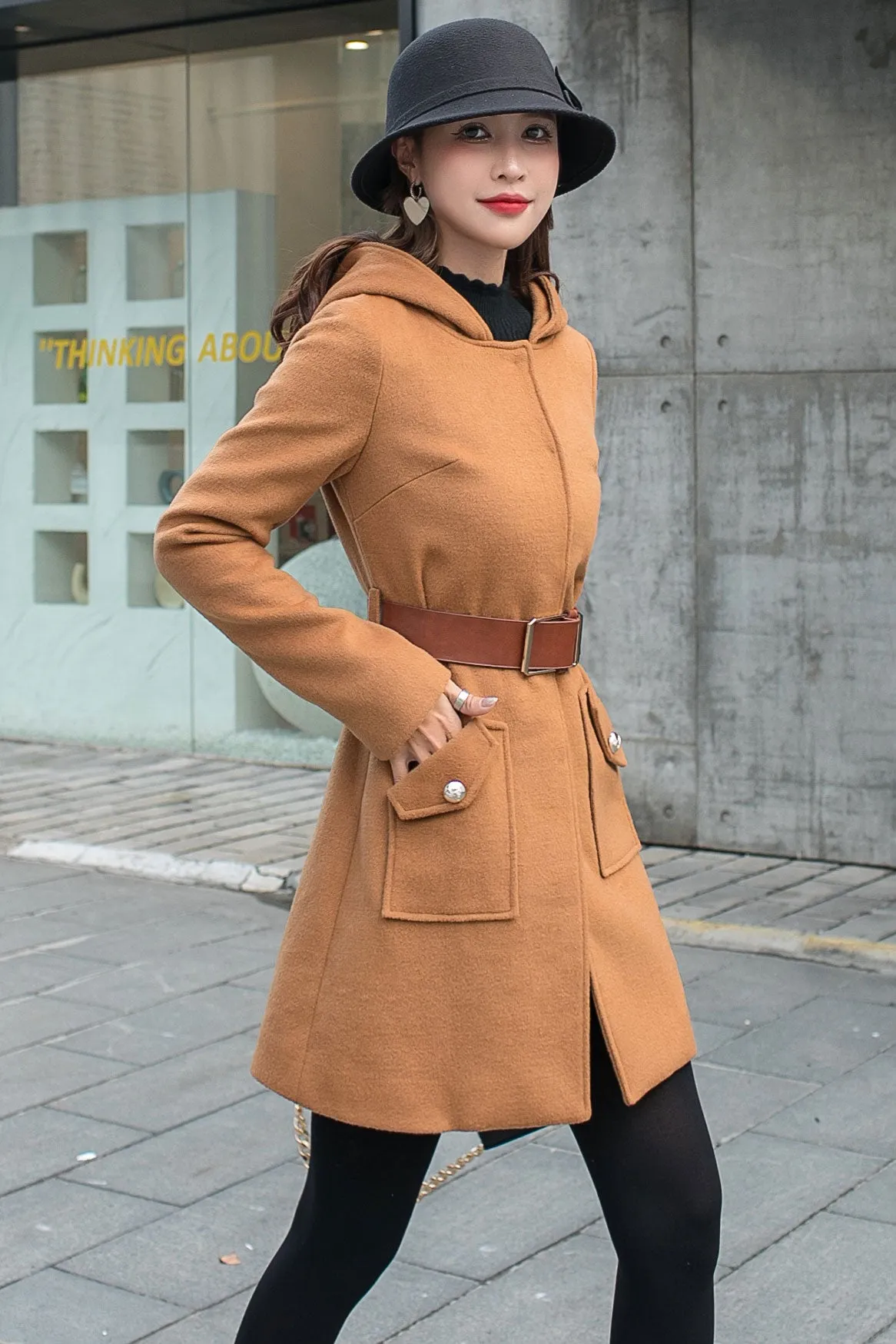 Camel Women's Wool Coat with Hood C2589