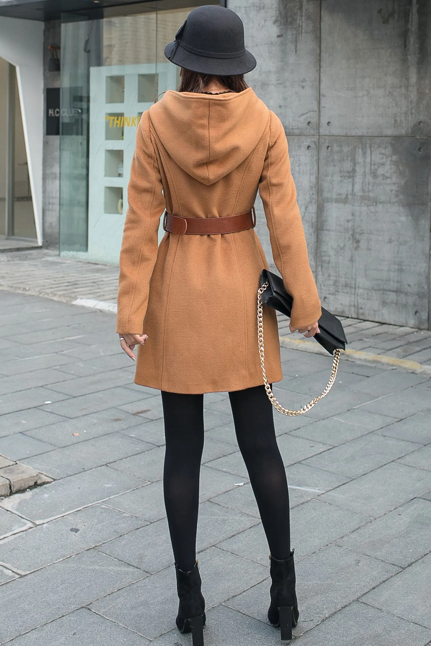 Camel Women's Wool Coat with Hood C2589