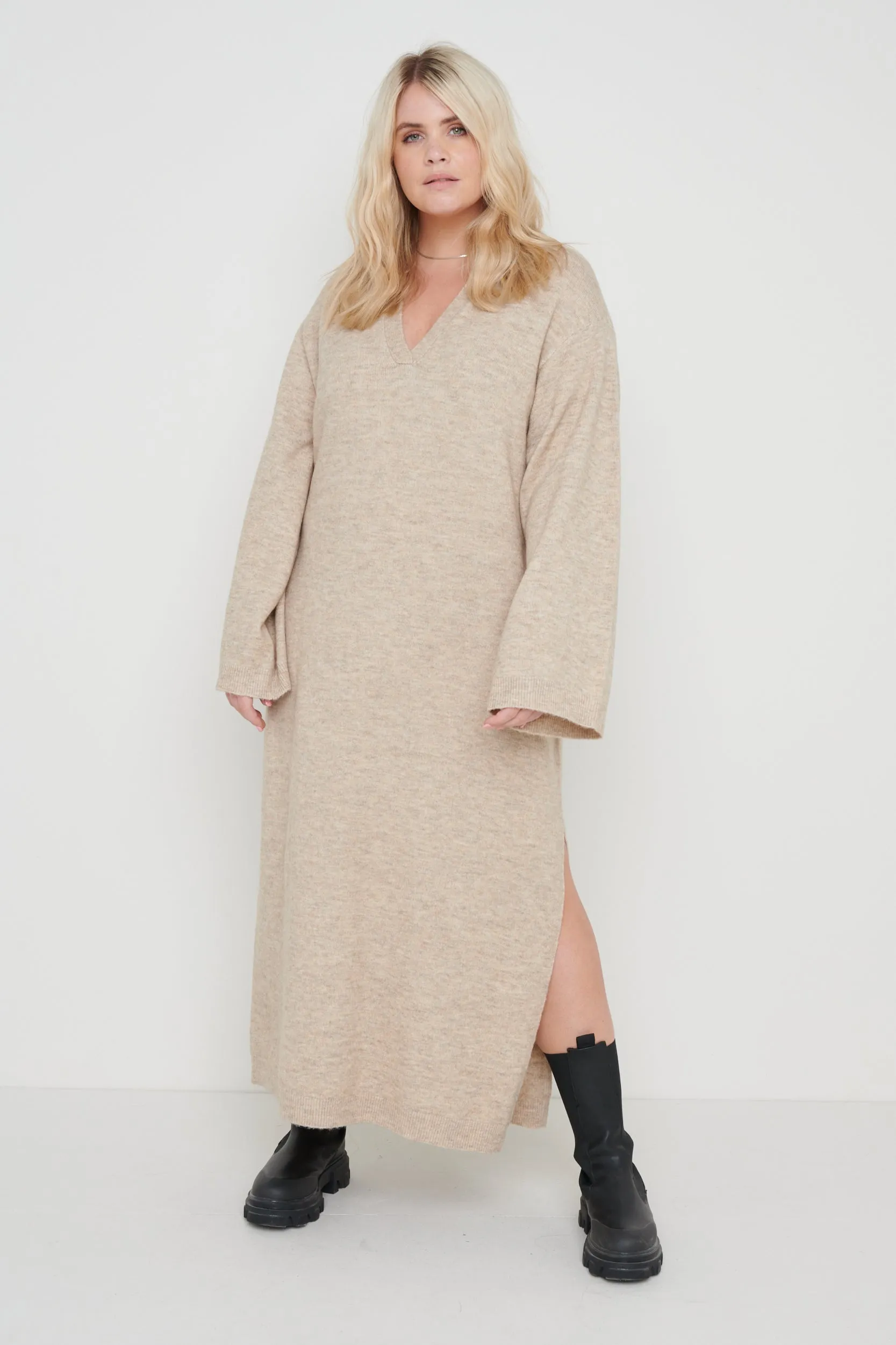 Cas Collared Knit Dress - Beige