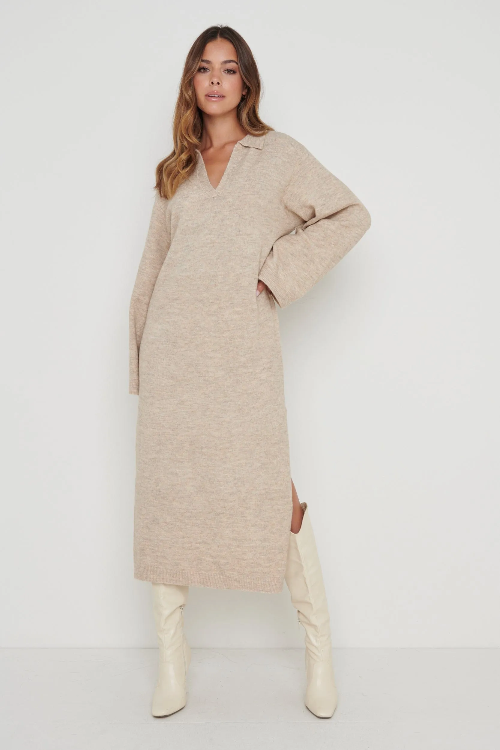 Cas Collared Knit Dress - Beige