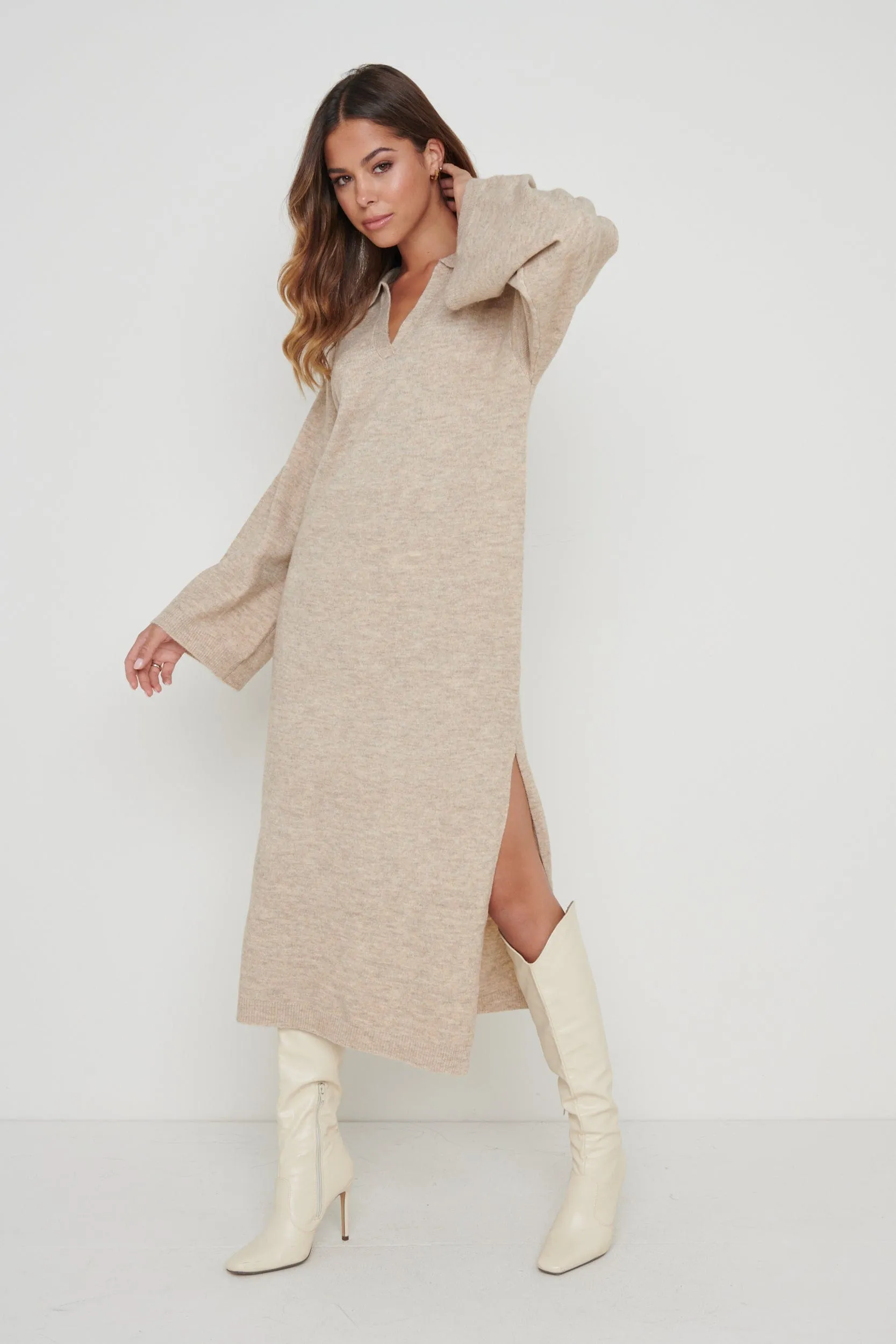 Cas Collared Knit Dress - Beige