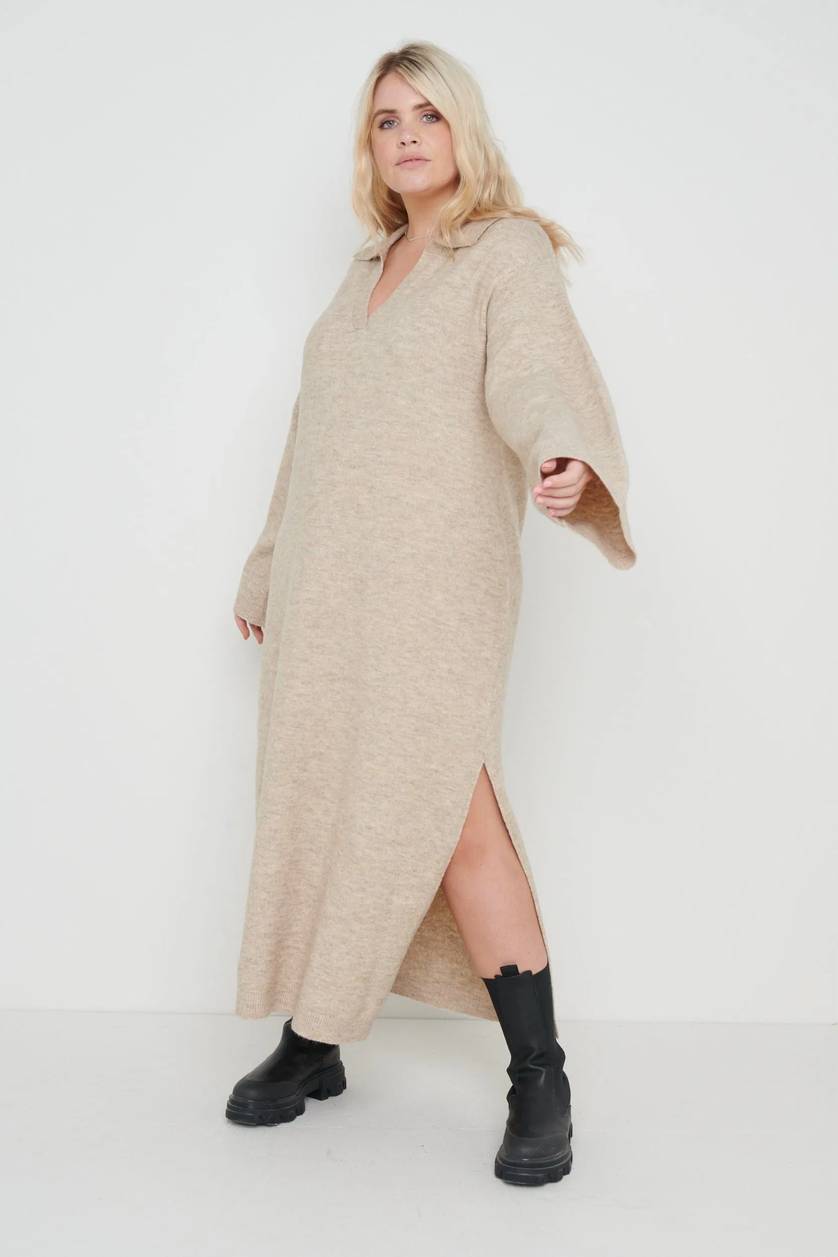 Cas Collared Knit Dress - Beige