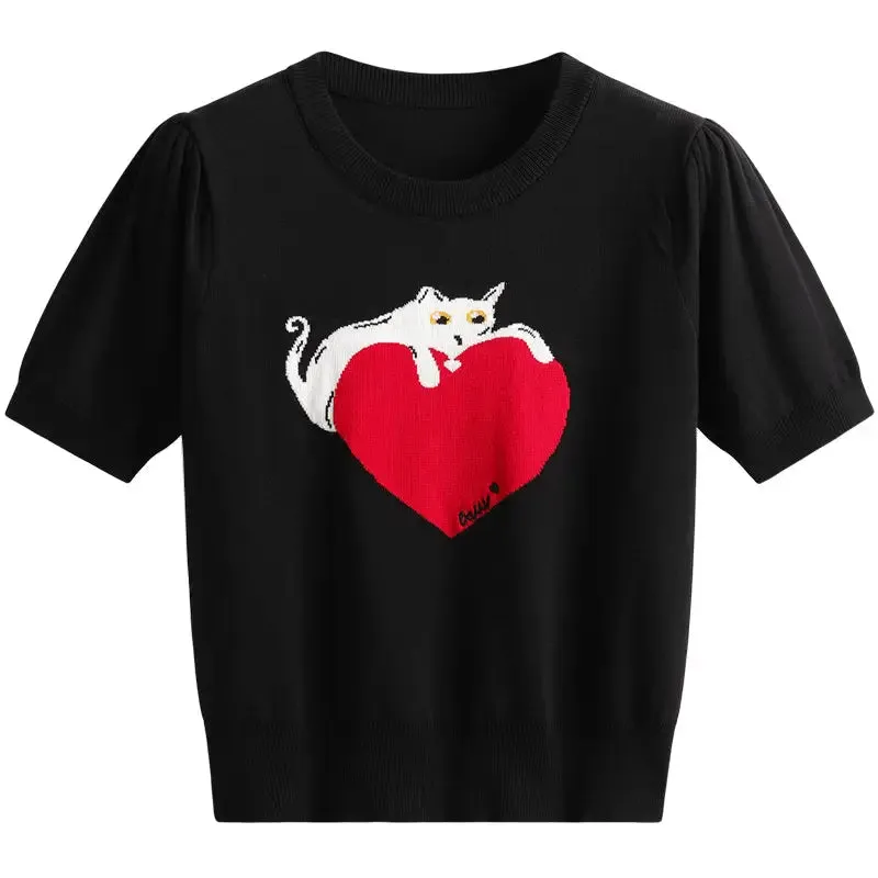 Cat And Heart Knitted T-shirt