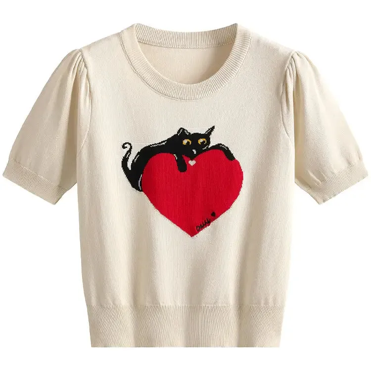 Cat And Heart Knitted T-shirt