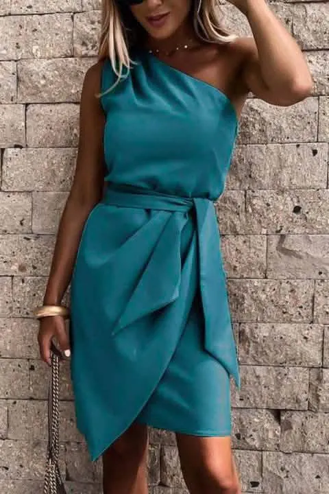 Chic Asymmetrical Petrol Mini Dress with Flattering Wrap Skirt - Crafted in Italy