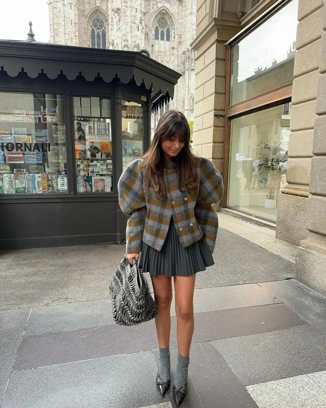 Chic loose sleeve plaid collar checkered flannel wool jacket