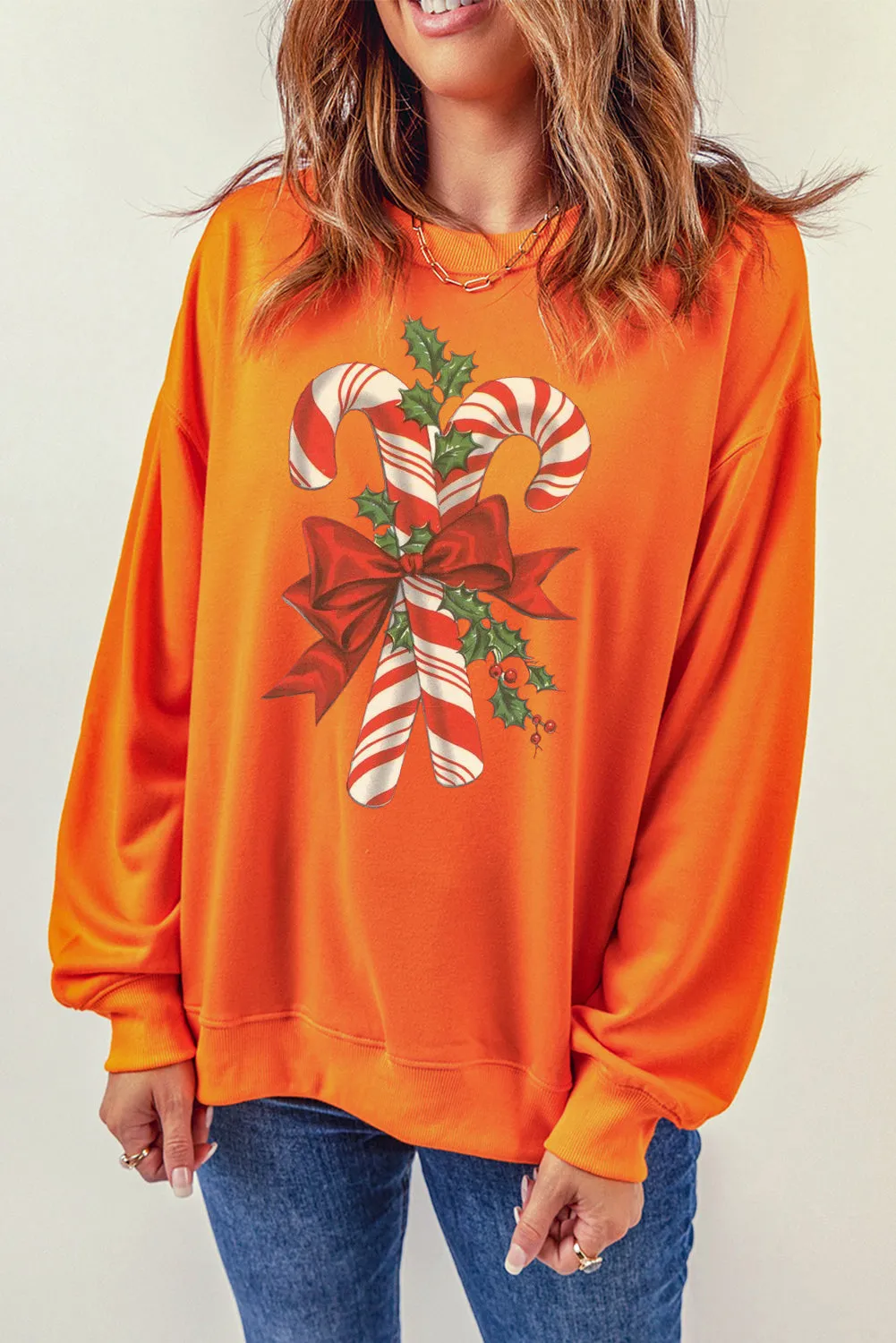 Christmas Cane Candy Pattern Crew Neck Pullover Sweatshirt