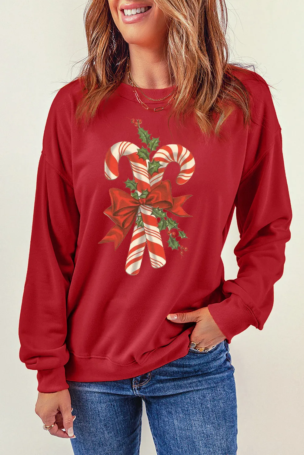 Christmas Cane Candy Pattern Crew Neck Pullover Sweatshirt