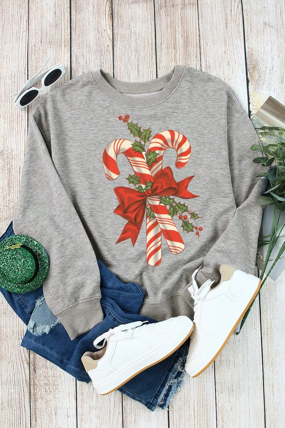 Christmas Cane Candy Pattern Crew Neck Pullover Sweatshirt