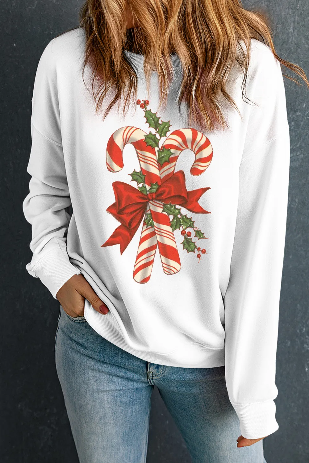 Christmas Cane Candy Pattern Crew Neck Pullover Sweatshirt