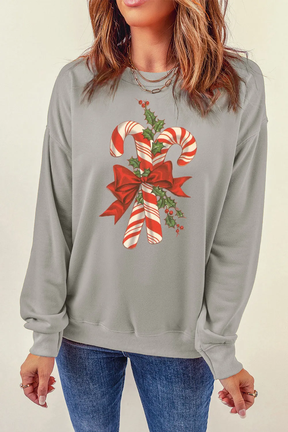 Christmas Cane Candy Pattern Crew Neck Pullover Sweatshirt