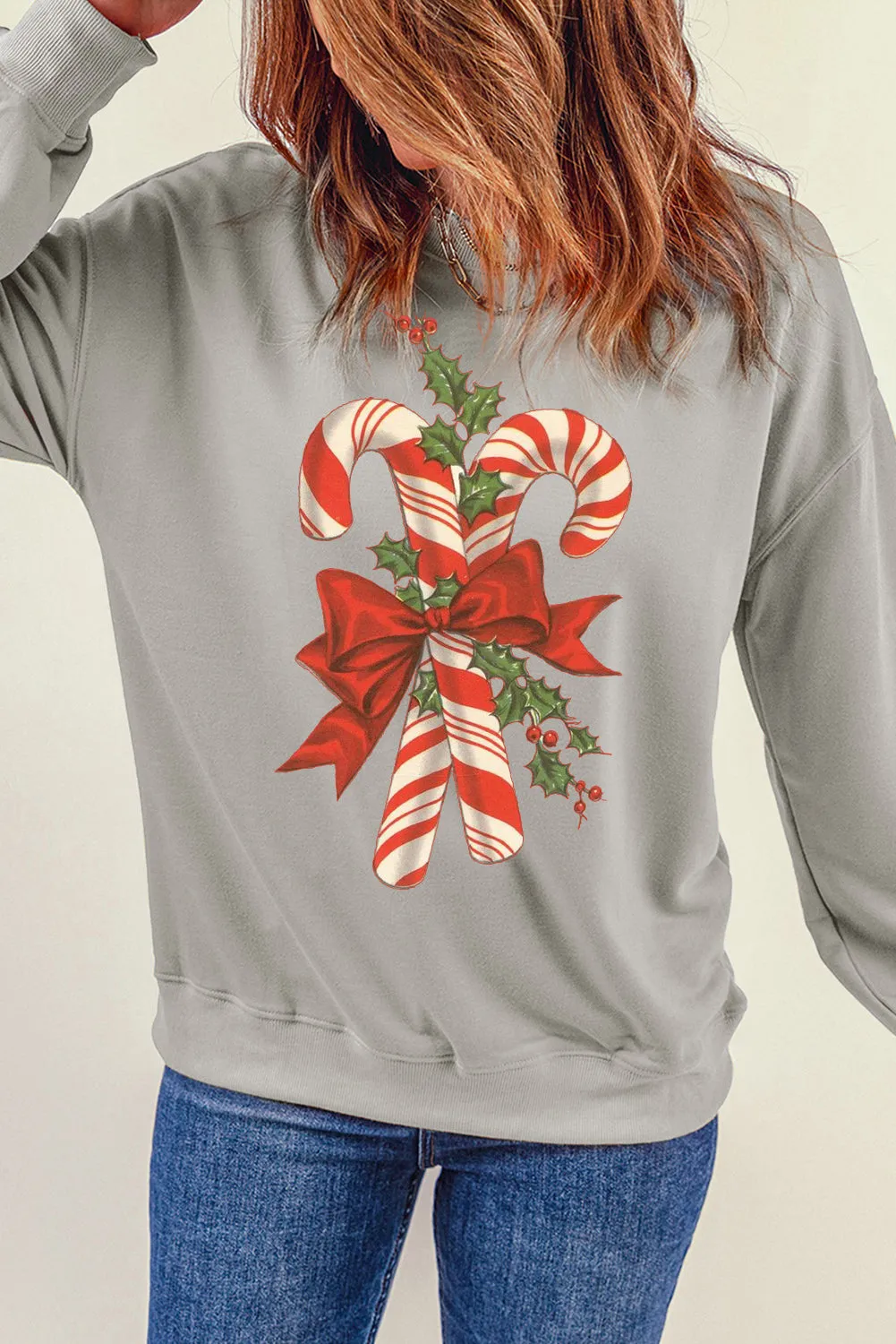 Christmas Cane Candy Pattern Crew Neck Pullover Sweatshirt