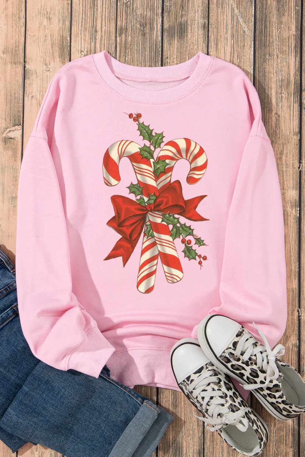 Christmas Cane Candy Pattern Crew Neck Pullover Sweatshirt