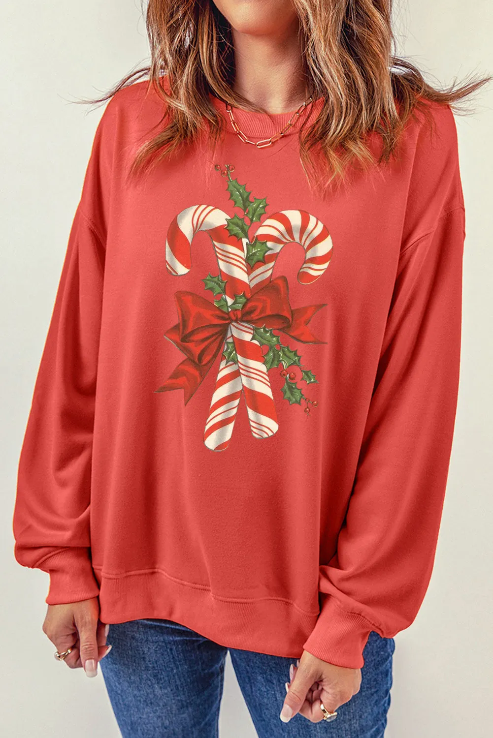 Christmas Cane Candy Pattern Crew Neck Pullover Sweatshirt