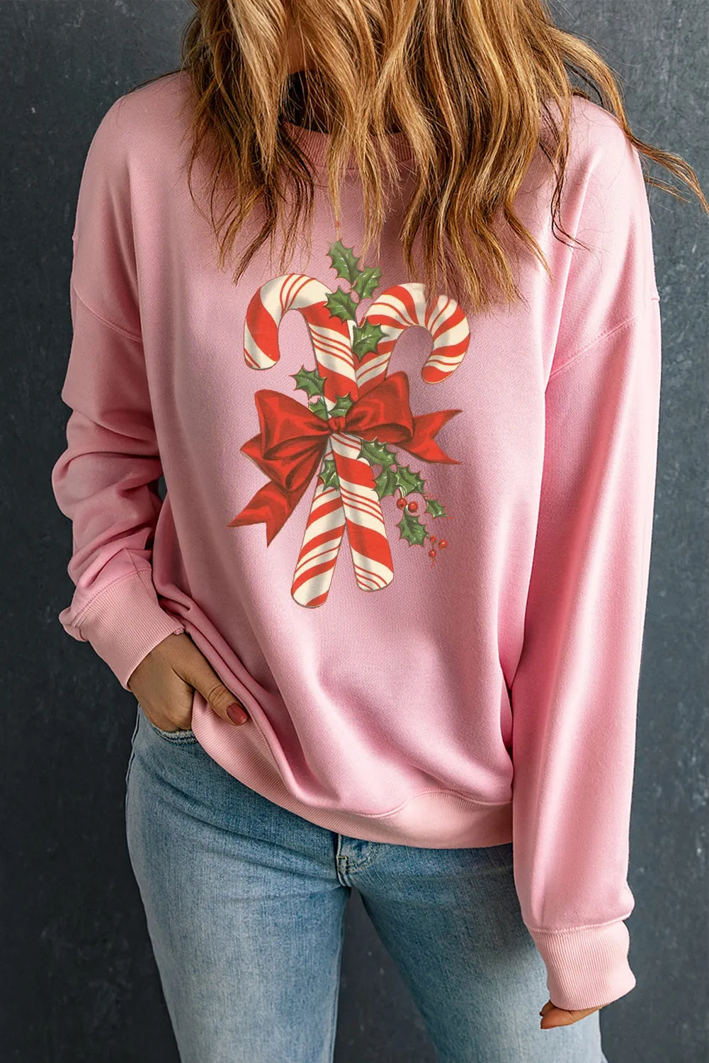 Christmas Cane Candy Pattern Crew Neck Pullover Sweatshirt