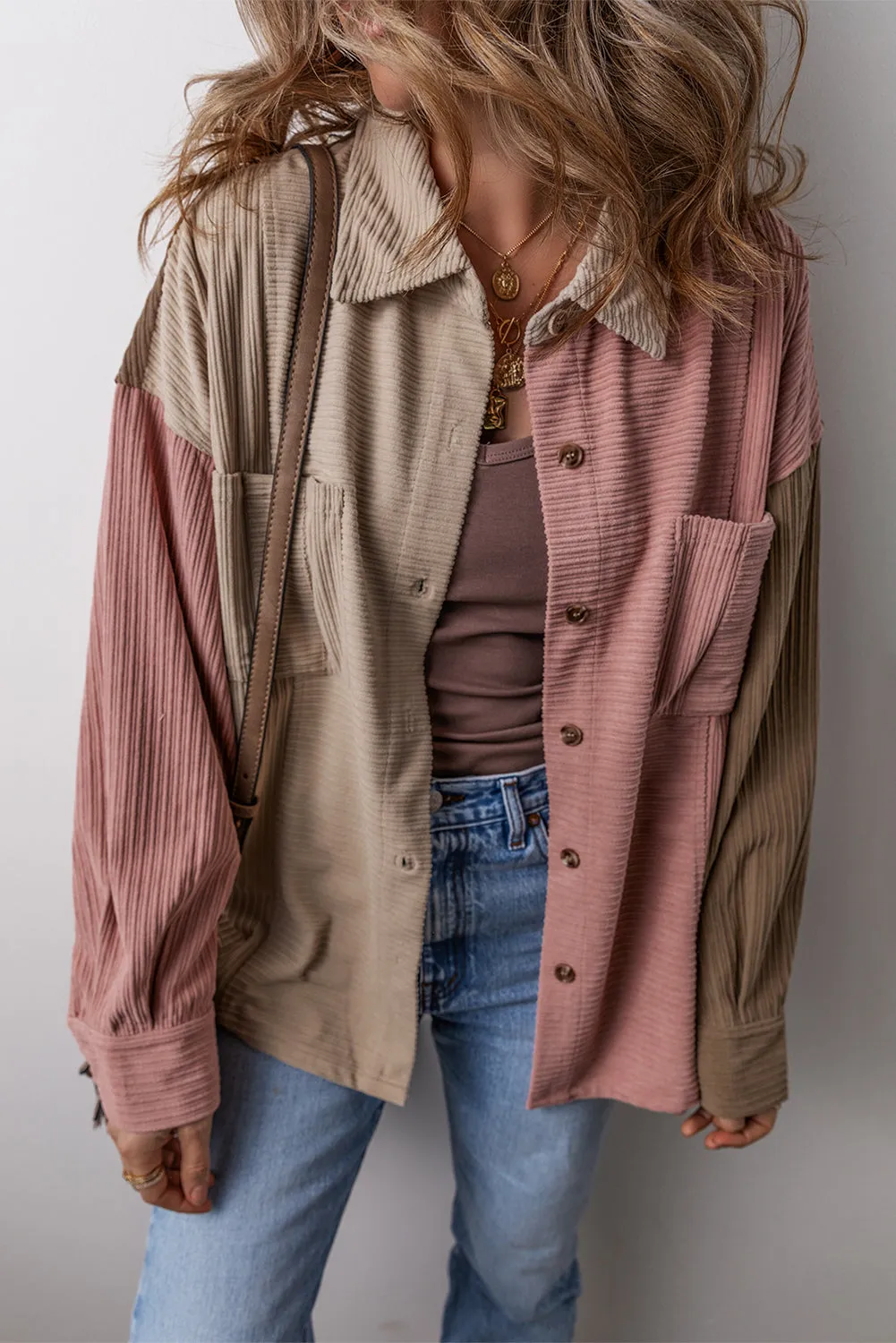 Color Block Chest Pockets Buttoned Corduroy Shacket