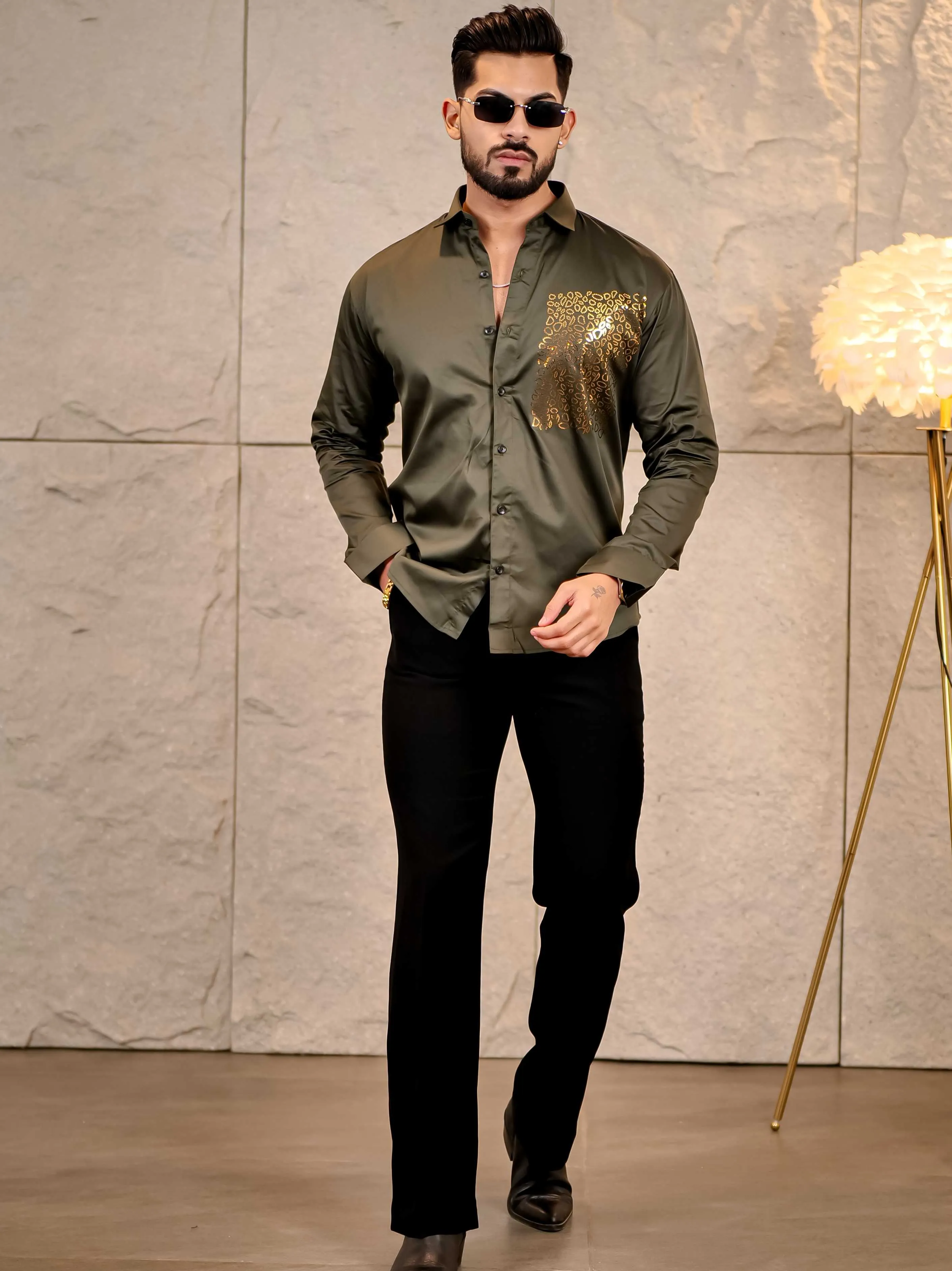 Cool Olive Green Sequence Club Wear Satin Cotton Party Shirt