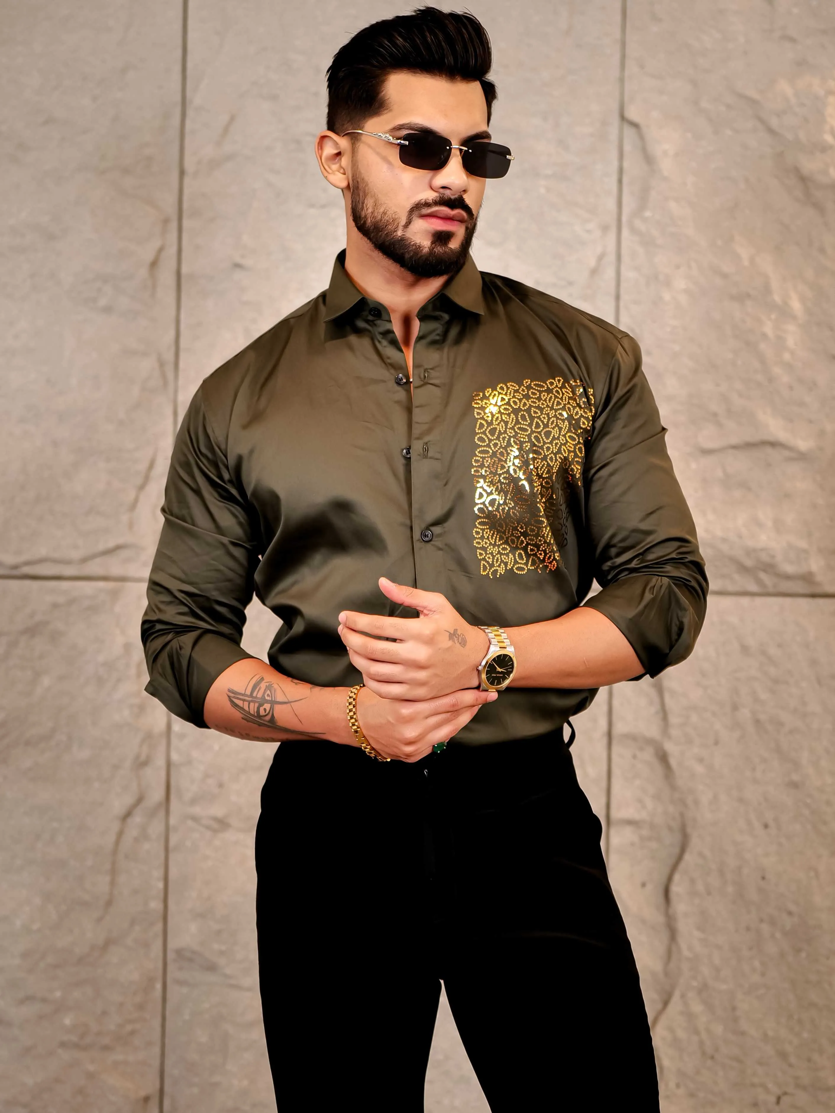 Cool Olive Green Sequence Club Wear Satin Cotton Party Shirt