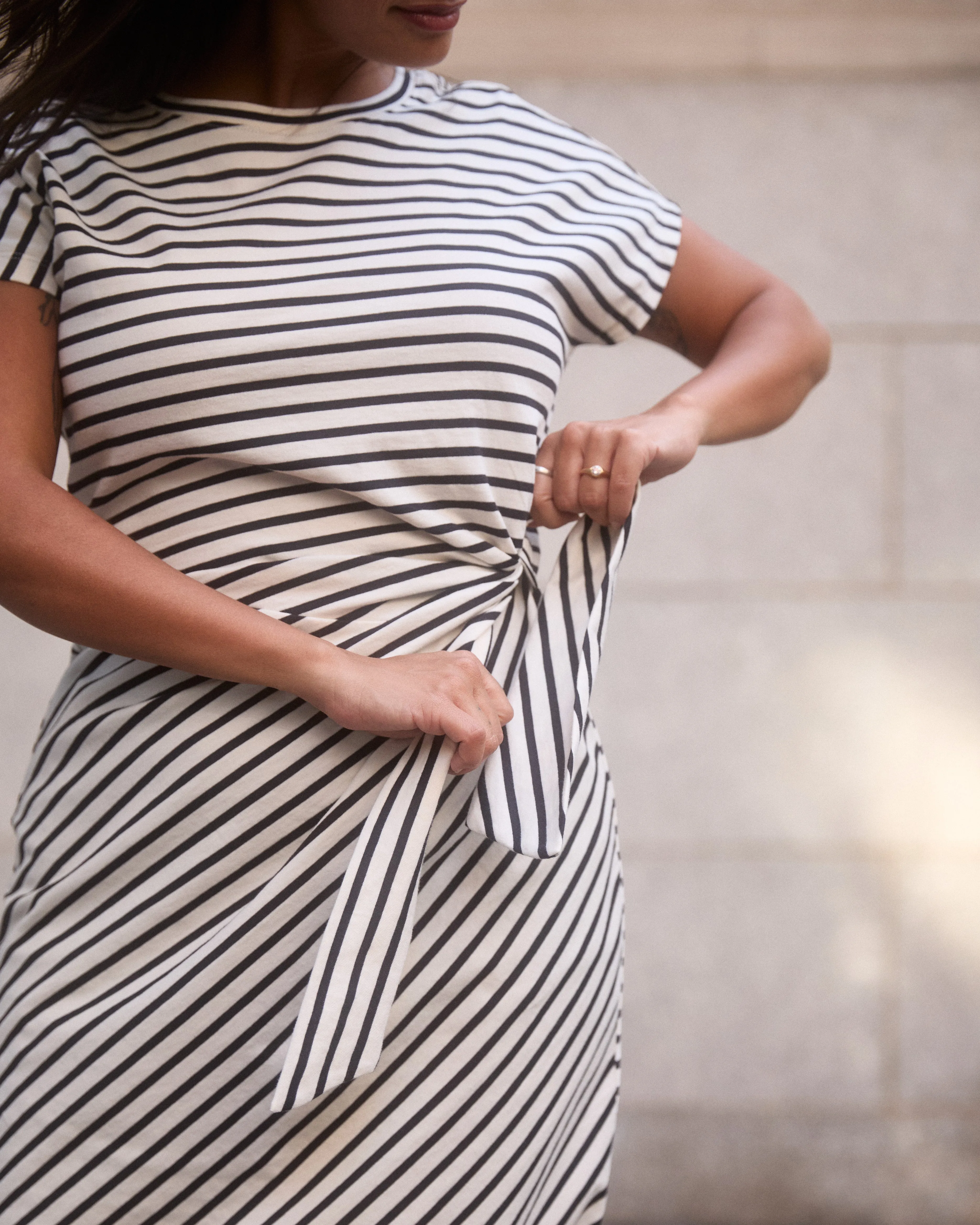 Crescent Breton Stripe Knot Dress - Ecru/Black Stripe