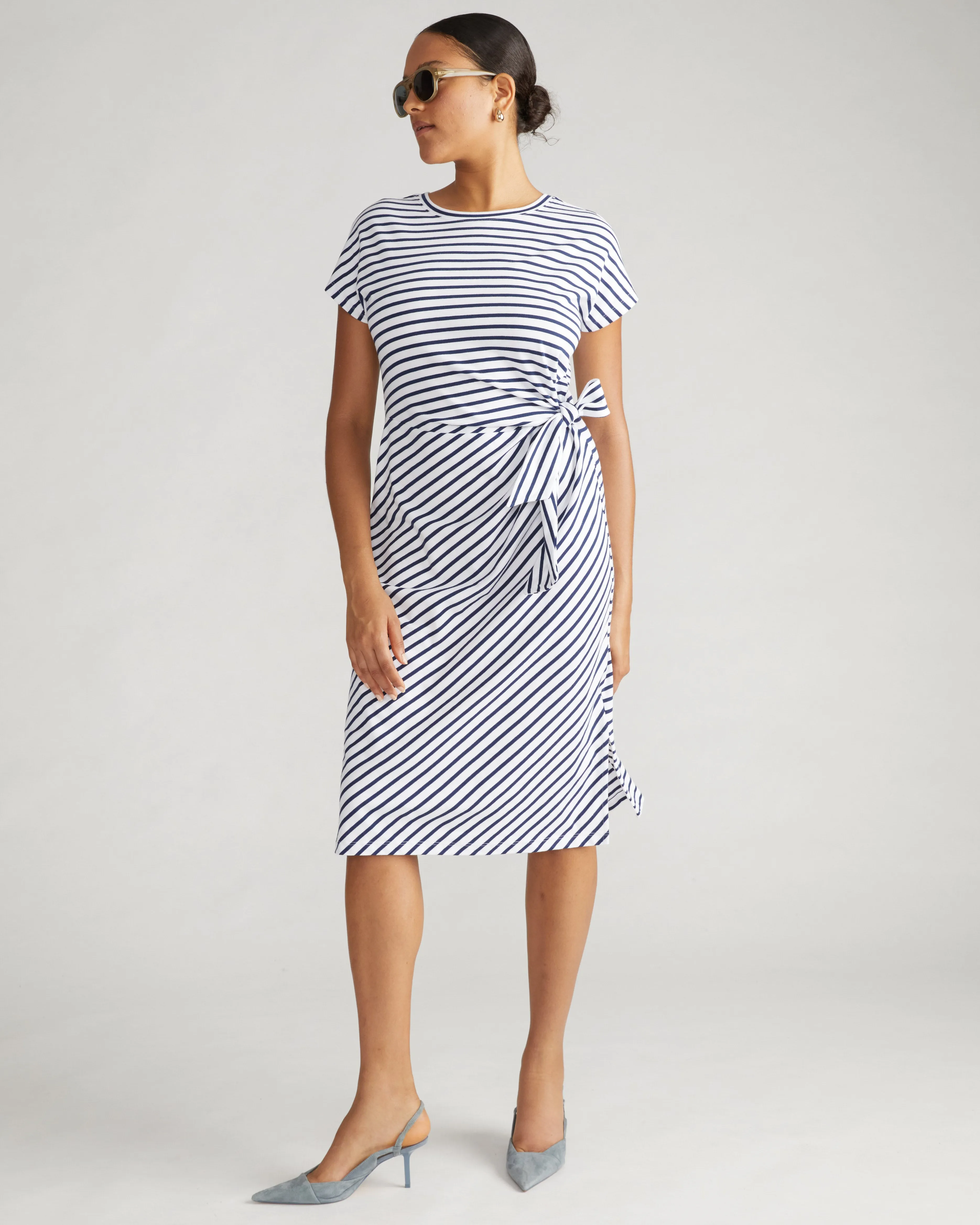 Crescent Breton Stripe Knot Dress - White/Cenote Stripe