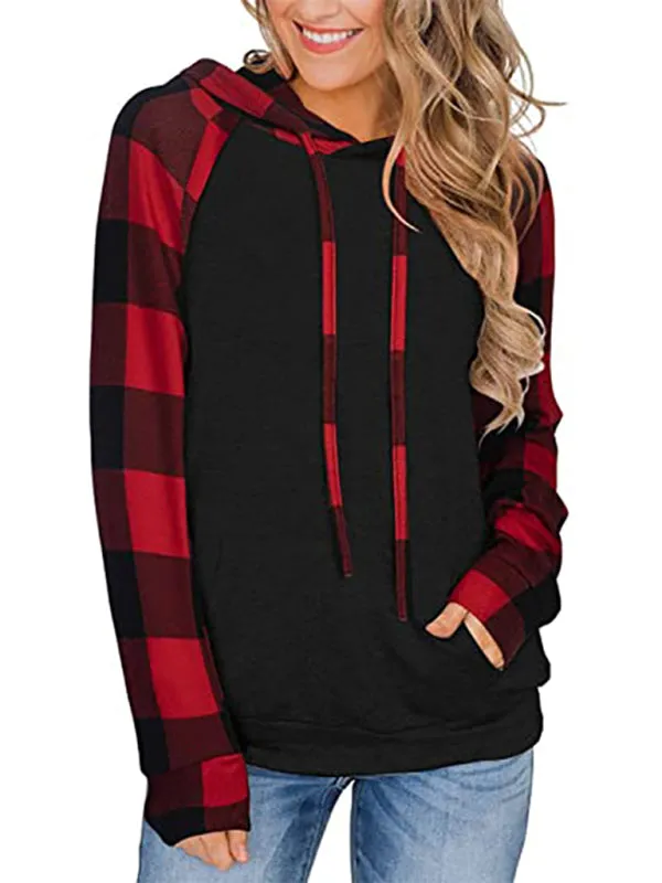 Devon Women's Long Sleeve Printed Sports Plaid Hooded Women's Sweatshirt T-Shirt