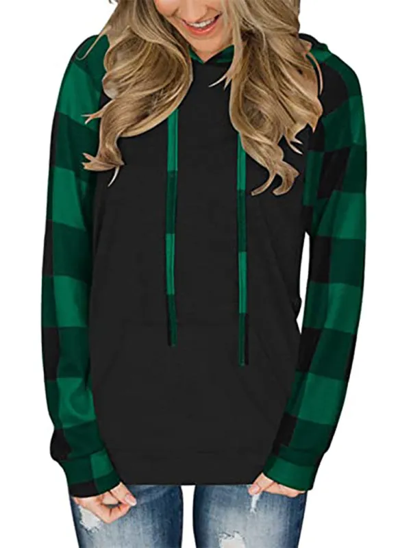 Devon Women's Long Sleeve Printed Sports Plaid Hooded Women's Sweatshirt T-Shirt