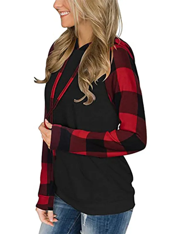 Devon Women's Long Sleeve Printed Sports Plaid Hooded Women's Sweatshirt T-Shirt