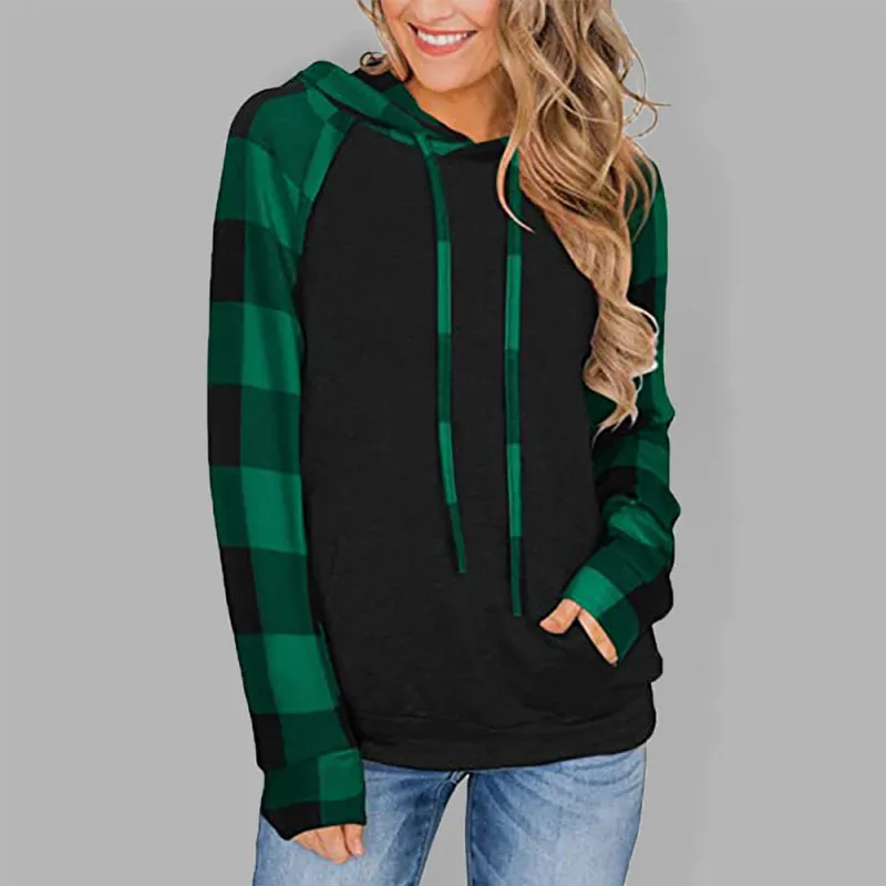 Devon Women's Long Sleeve Printed Sports Plaid Hooded Women's Sweatshirt T-Shirt