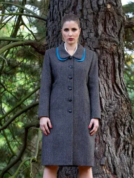 Diamond Twill Tweed Coat with Detachable Silk Collar