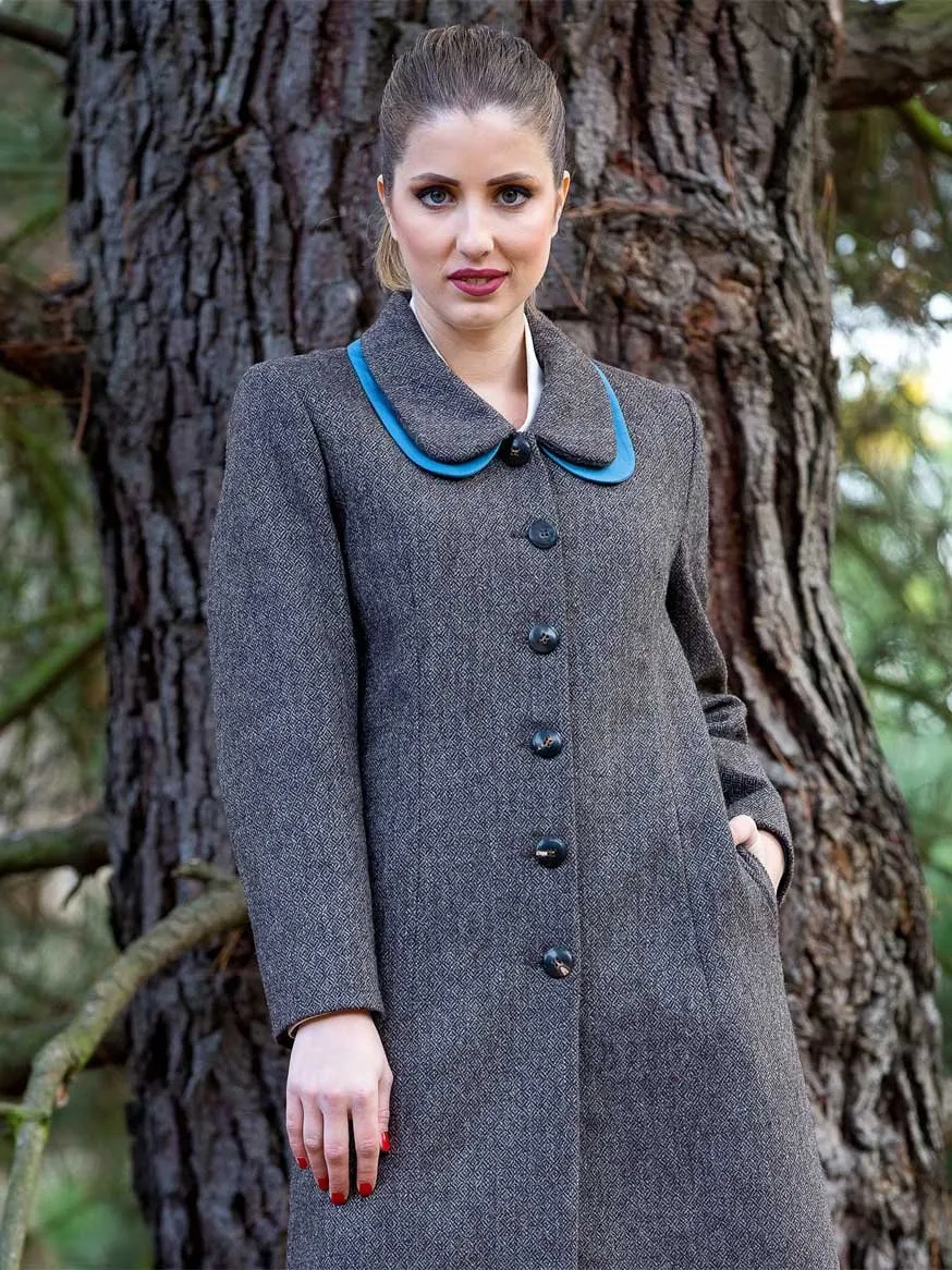 Diamond Twill Tweed Coat with Detachable Silk Collar