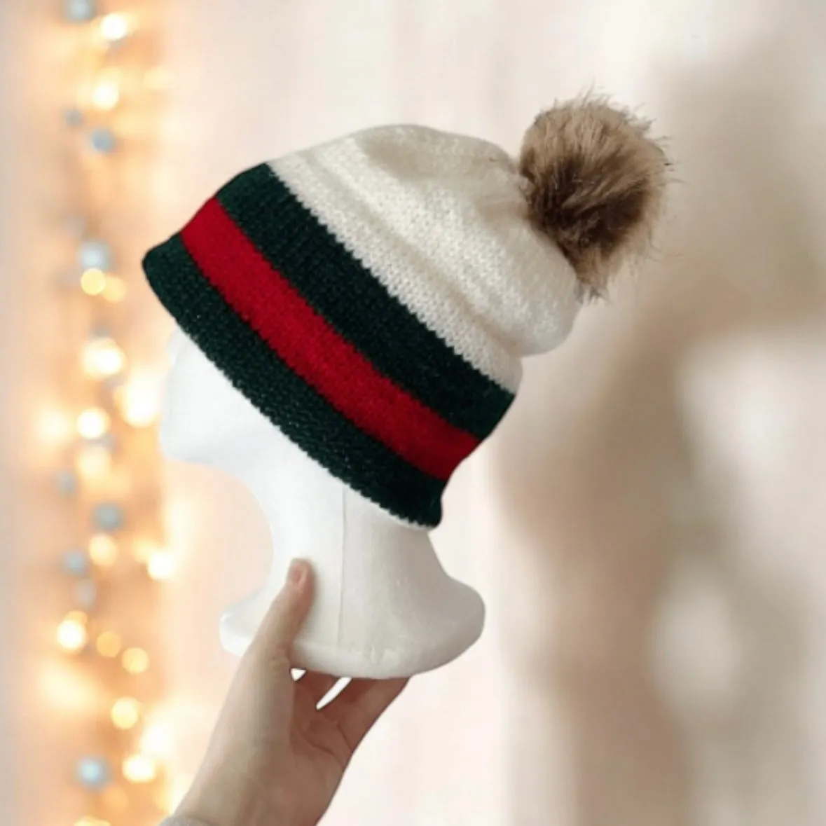 Double brim beanie | faux fur pompom | designer inspired style colour