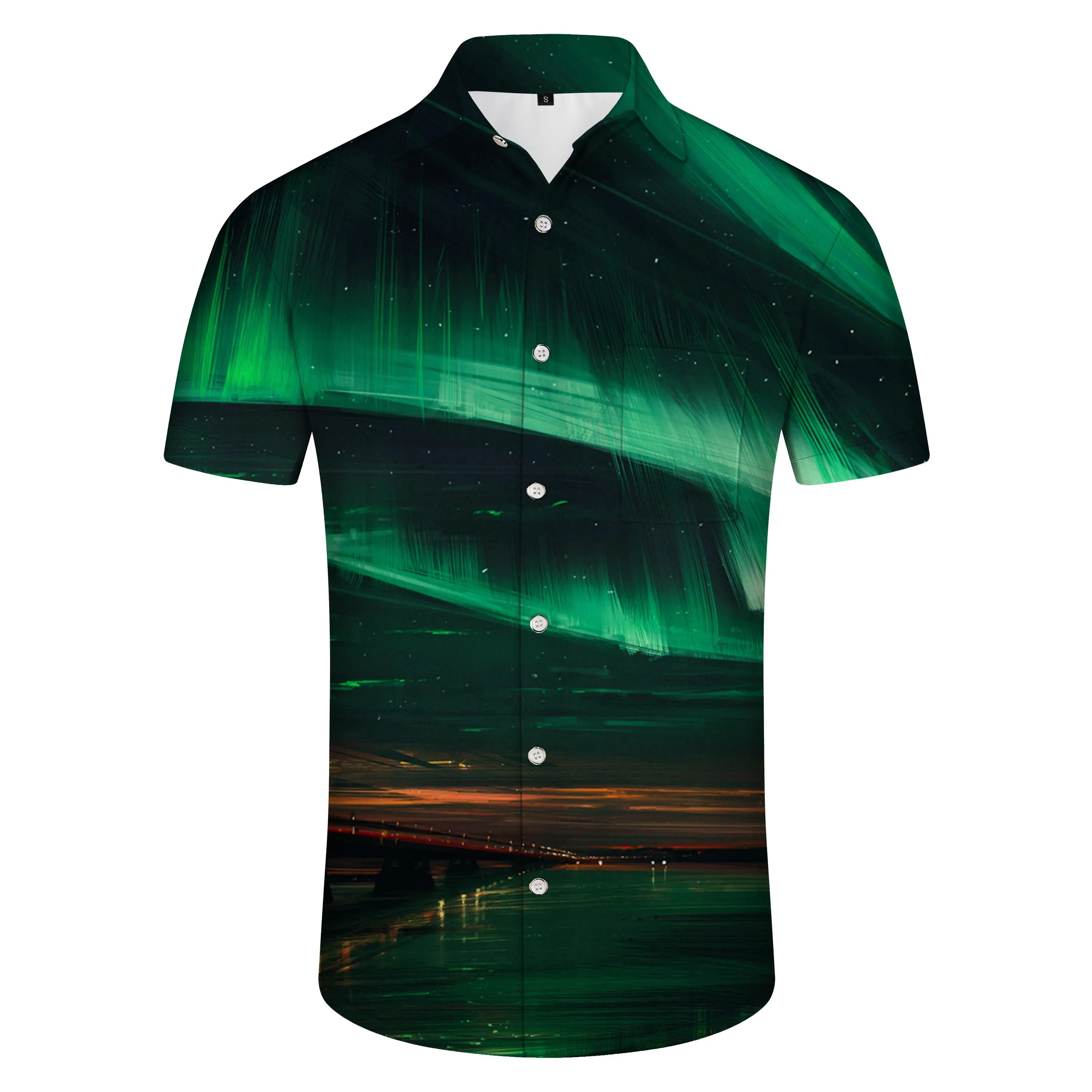 Dream Green Northern Lights Men's Short Sleeve Shirt Outdoor Hawaiian Shirt Top Street