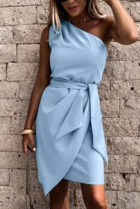 Elegant Asymmetrical One-Shoulder Mini Dress with Wrap Skirt and Trendy Belt