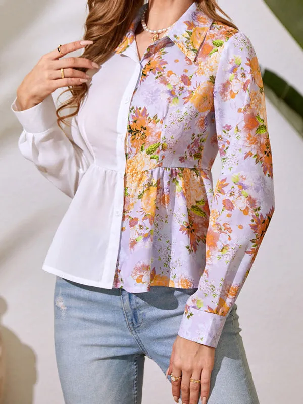 Elvira Women's Long Sleeve Floral Chiffon Button Up French Shirt