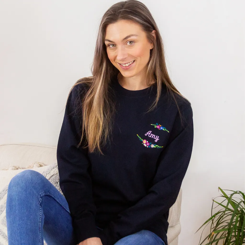 Embroidered Floral Name Navy Sweatshirt